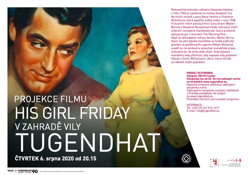 Projekce filmu His Girl Friday v zahradě vily Tugendhat